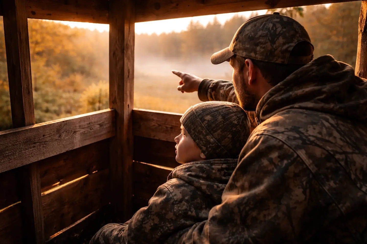 Father and child in a deer blind at dawn, bonding over hunting and Christian values in the peaceful woods.