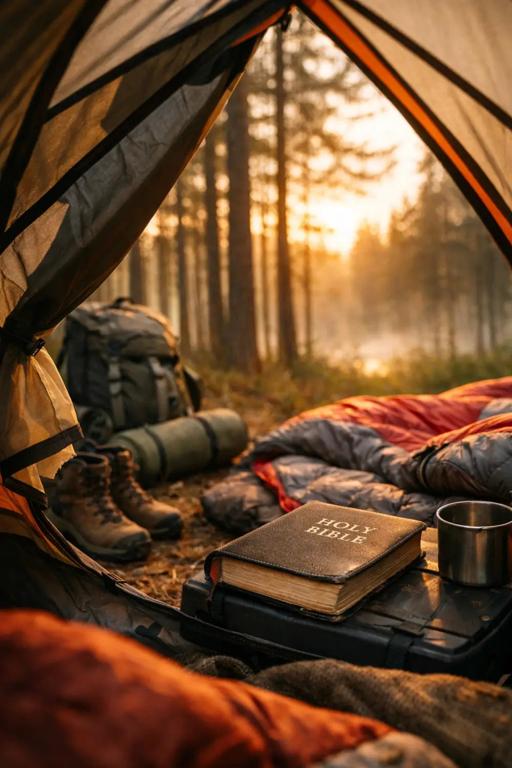 Camping tent in a forest at dawn with a Bible, representing a sanctuary for faith and the outdoors.