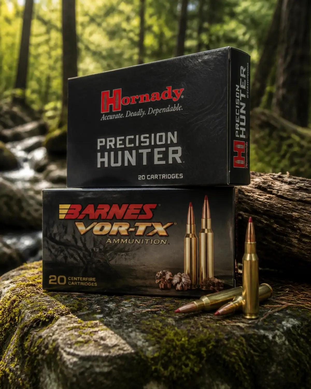 Premium ammunition boxes from Hornady and Barnes resting on a mossy log in a sun-dappled forest.