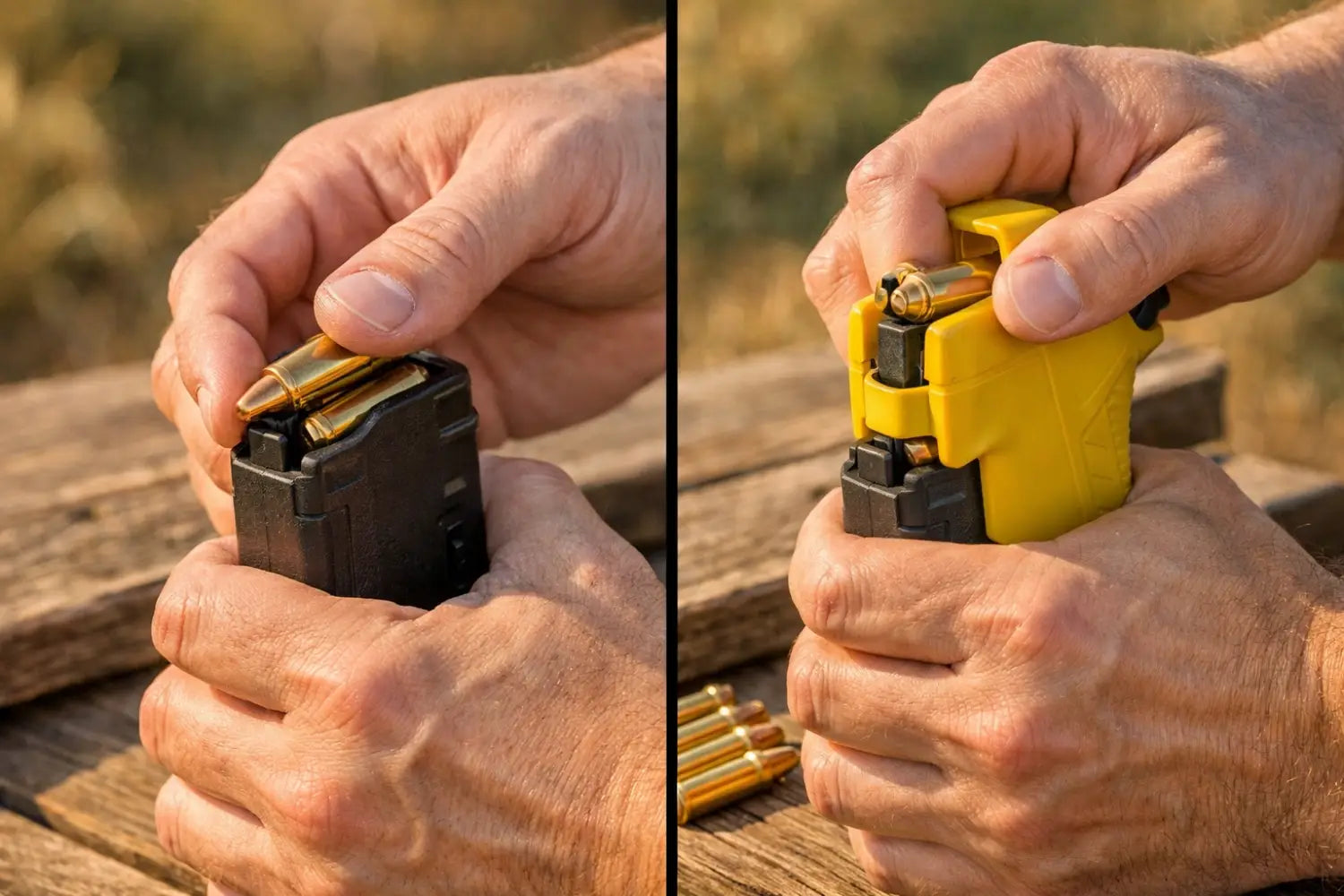 Proper magazine loading technique shown with and without speed loader tool