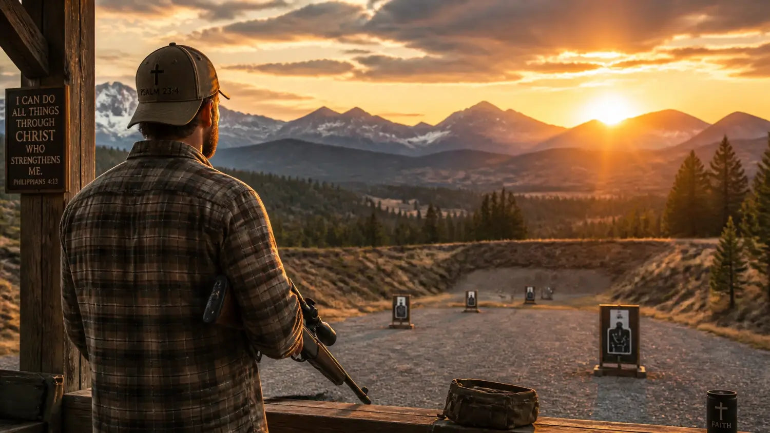 A Christian hunter at a shooting range at sunset, looking out over the mountains with a sense of peace.