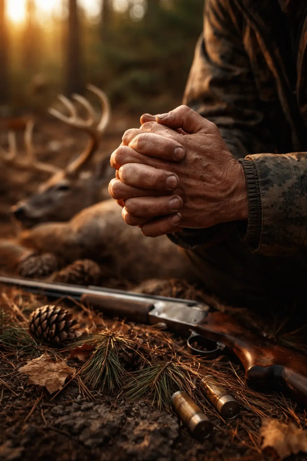 Close-up of hunter’s hands in prayer over harvested game, expressing faith and gratitude during the hunt