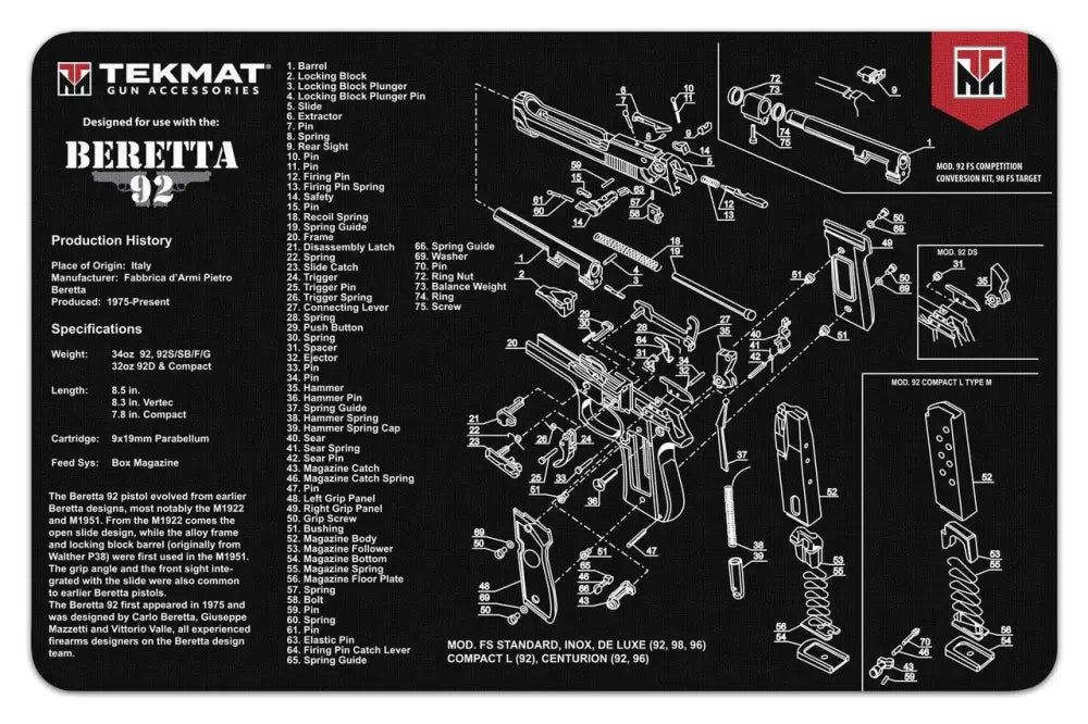 Gsm Gun Cleaning Mats Tekmat 11x17 Mat-beretta 92 Buy at Faith and Freedom Outdoors