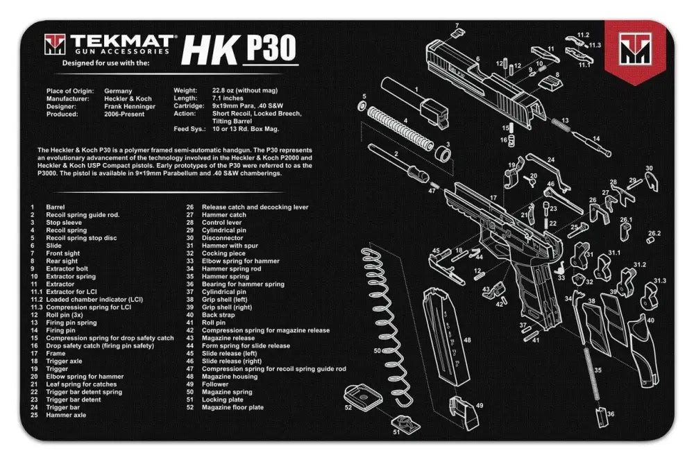 Gsm Gun Cleaning Mats Tekmat 11x17 Mat - Heckler & Koch P30 Buy at Faith and Freedom Outdoors