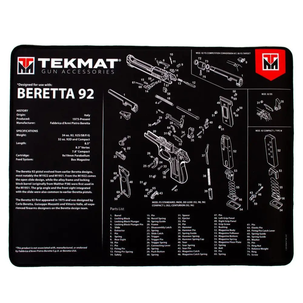Gsm Gun Cleaning Mats Tekmat 15x20 Ultra Premium - Beretta 92 Buy at Faith and Freedom Outdoors