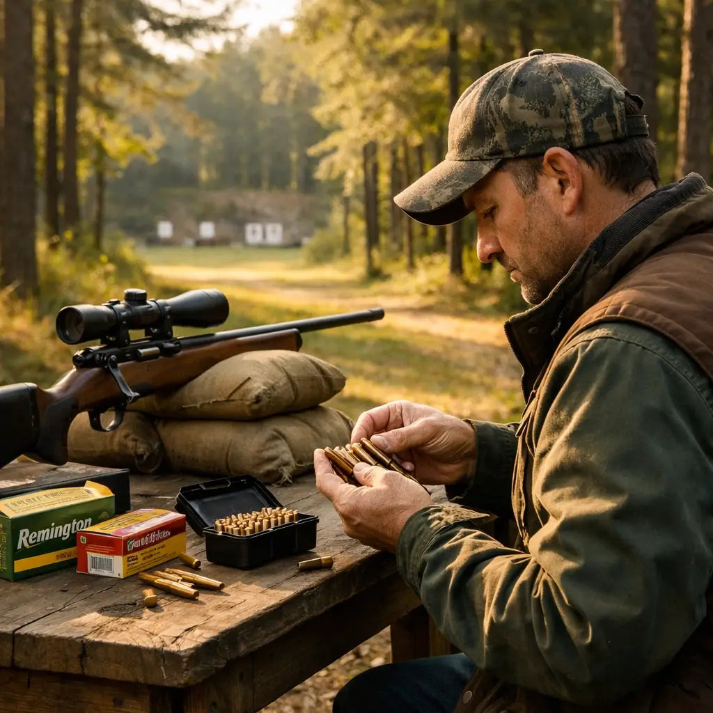Hunter examining hunting rifle ammunition at outdoor shooting range before loading