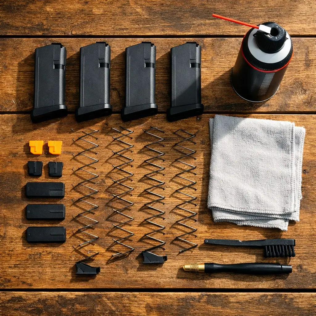 Disassembled gun magazines with springs and cleaning tools on maintenance table