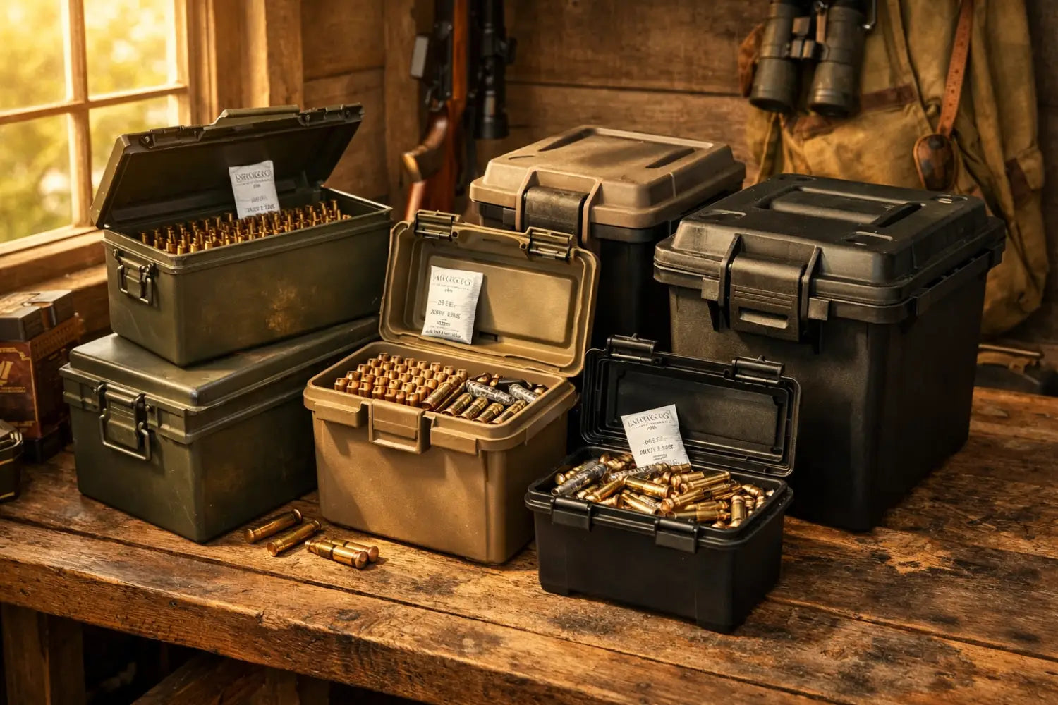 Airtight metal and plastic ammo storage containers with organized ammunition on wooden workbench