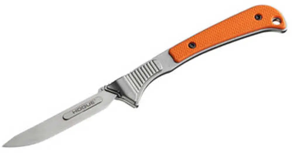 Hogue Expel Fixed Blade Knife 440c Stainless Steel Plain Edge 2.5’’ Replaceable Blades Silver Orange G10 Grips 3587