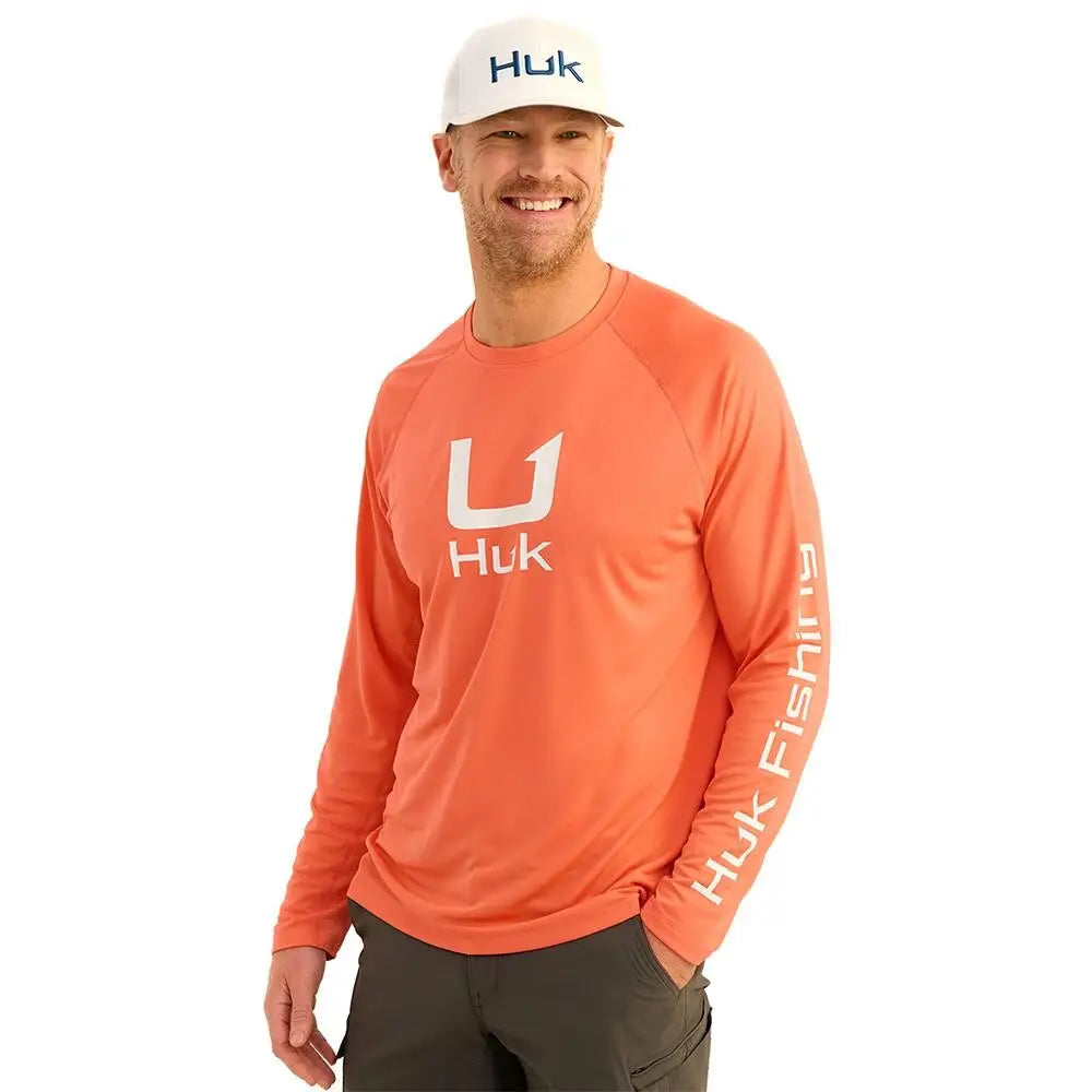 Huk Long Sleeve Shirts Huk Icon Crew Shirt Fresh Salmon l Buy at Faith and Freedom Outdoors