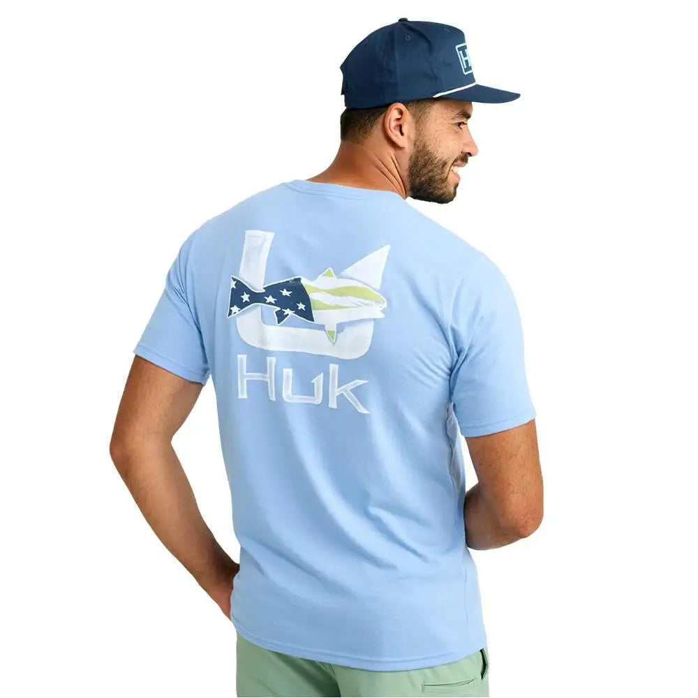Huk Short Sleeve Shirts Huk Fish Flag Shirt Marolina Blue s Buy at Faith and Freedom Outdoors