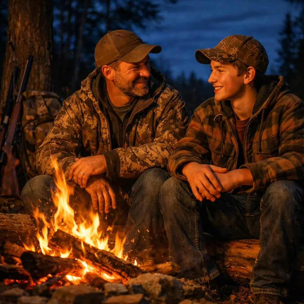 Father and son talking by a campfire at dusk, sharing their faith and outdoor hunting heritage.