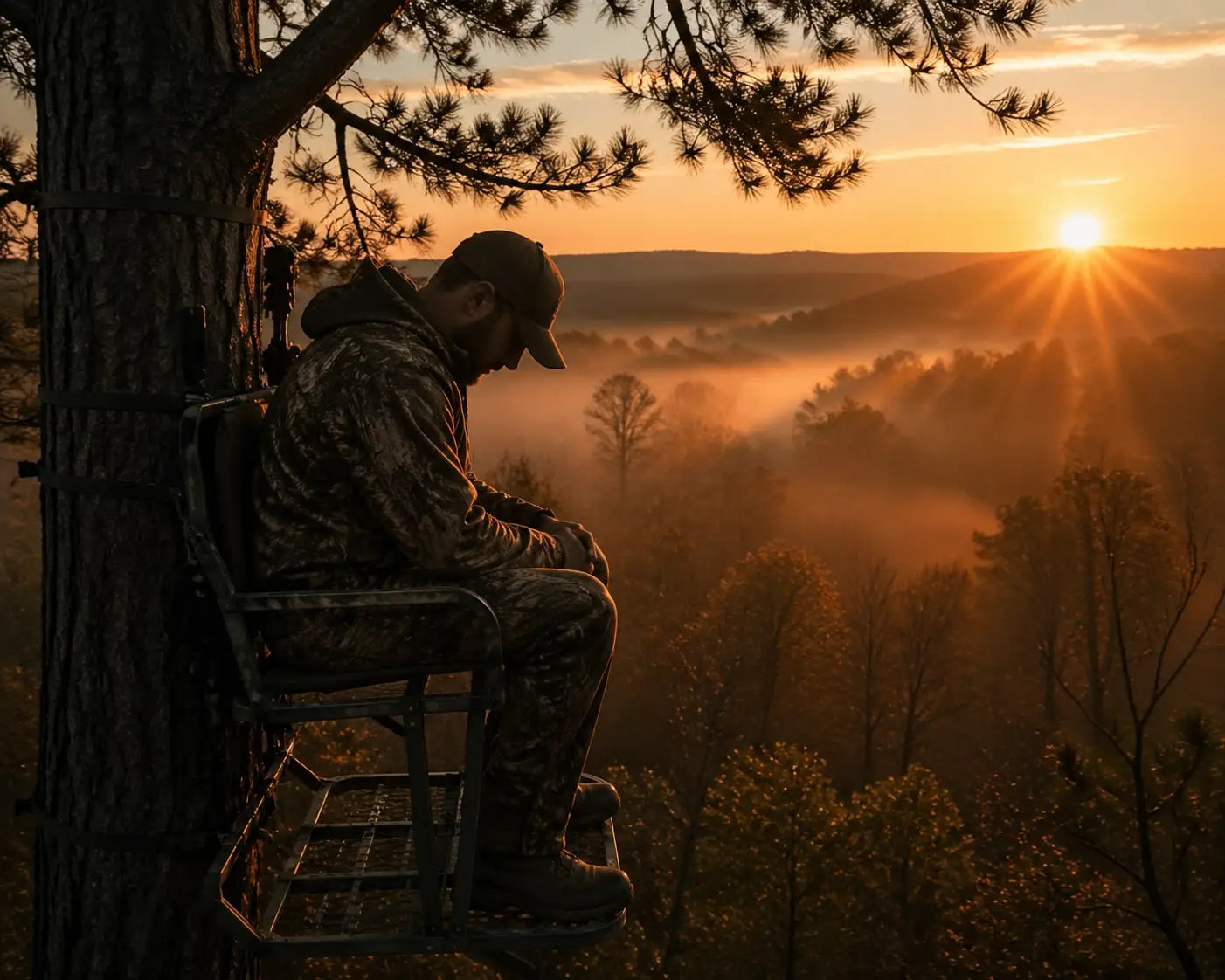 Christian hunter praying in a tree stand as the sun rises over the misty forest.