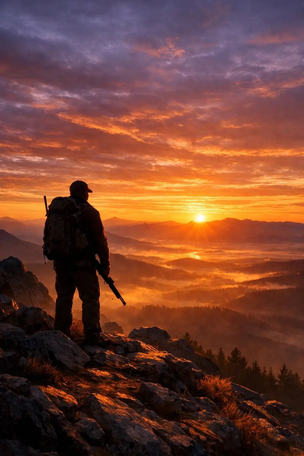 Silhouette of a hunter standing on a ridge at sunrise, reflecting on faith and the outdoors.
