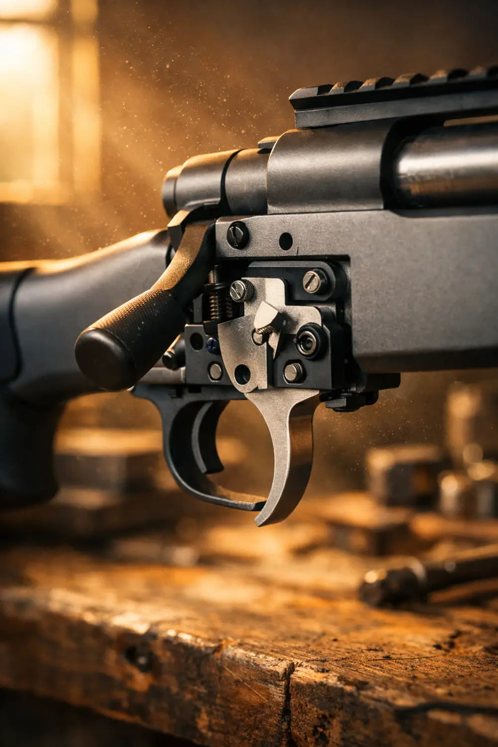 Close-up of a match-grade rifle trigger mechanism for improved shooting accuracy