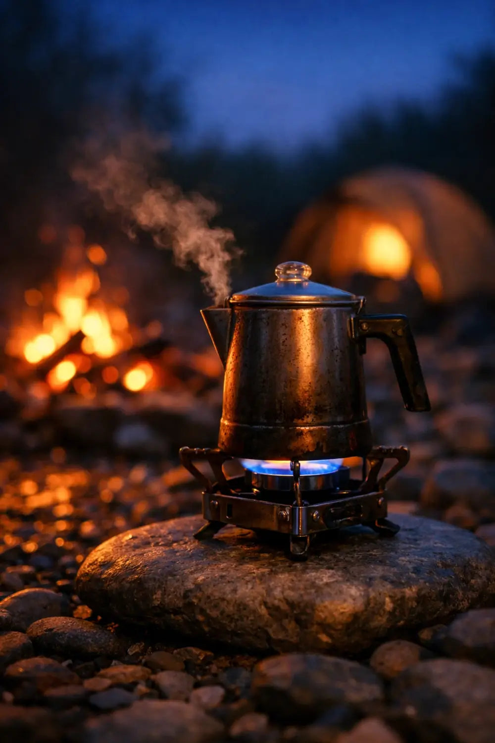 Outdoor camping stove and coffee percolator at a twilight campsite with a glowing campfire.