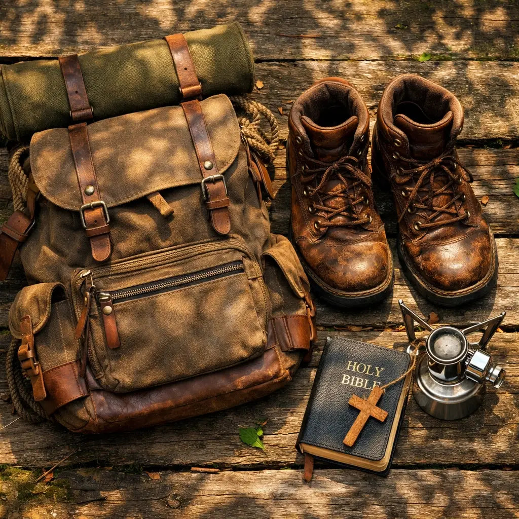 Essential camping gear and a pocket Bible arranged for a faith-filled outdoor adventure.
