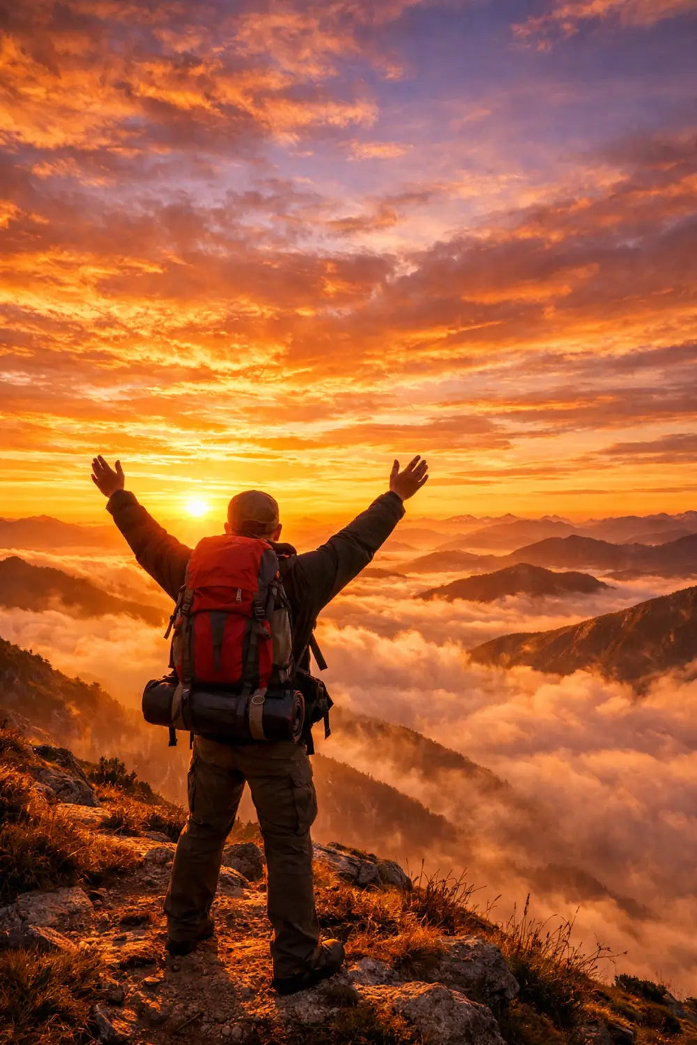 Hiker raising arms in gratitude on mountain ridge at sunrise overlooking God's creation