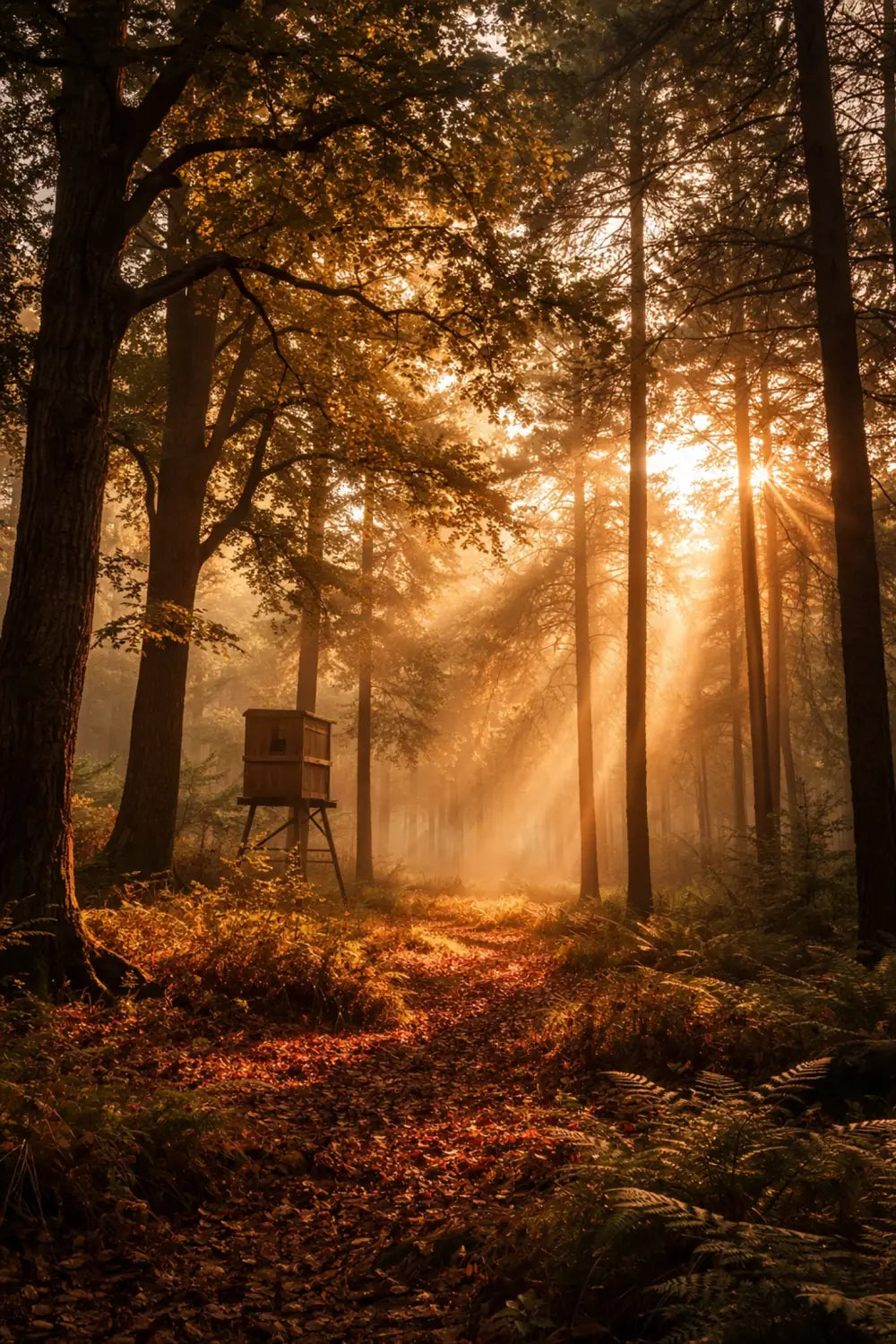Dawn sunlight streams through a quiet forest with a deer stand, symbolizing biblical stewardship of creation.
