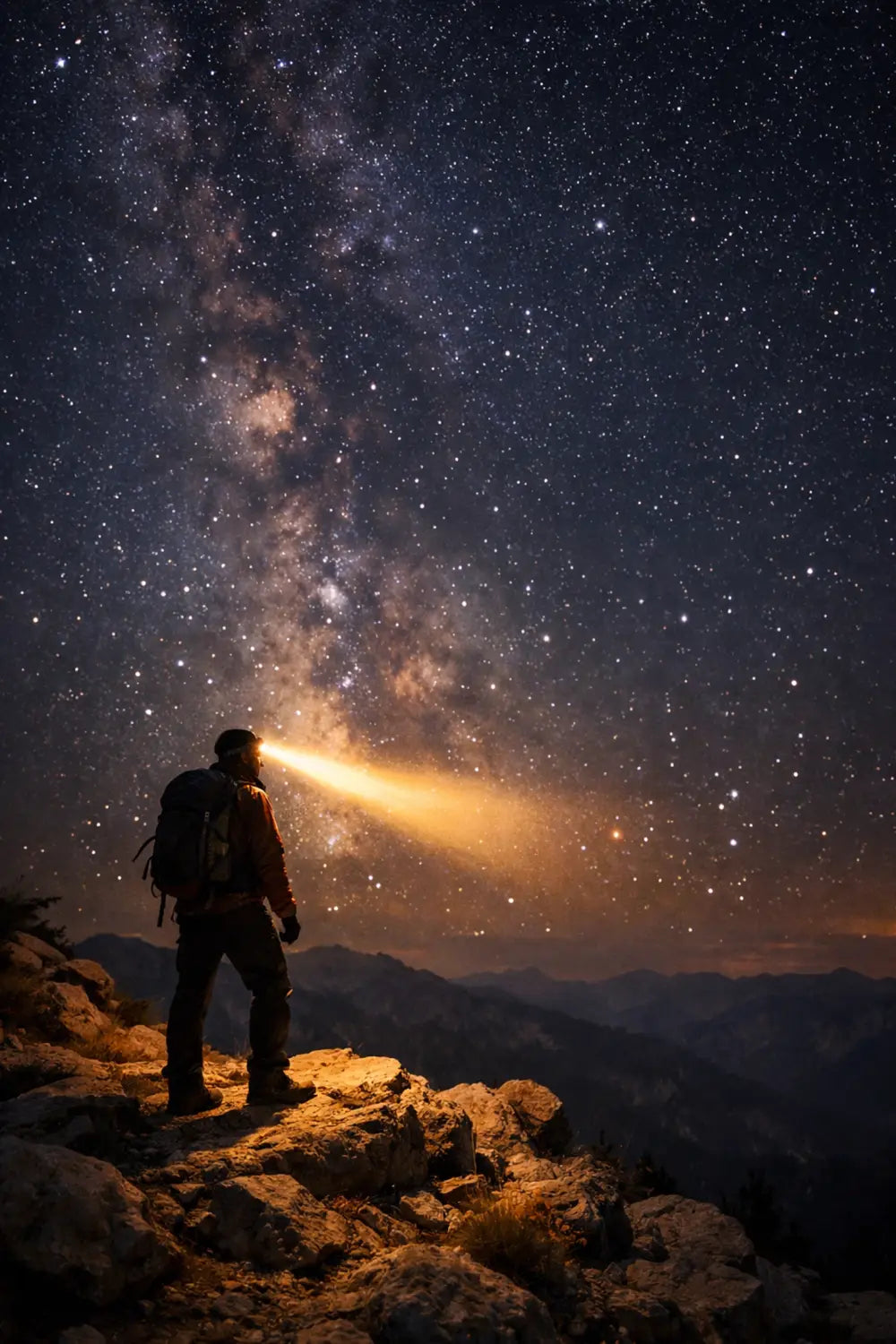 Camper with headlamp under starry night sky during wilderness camping trip