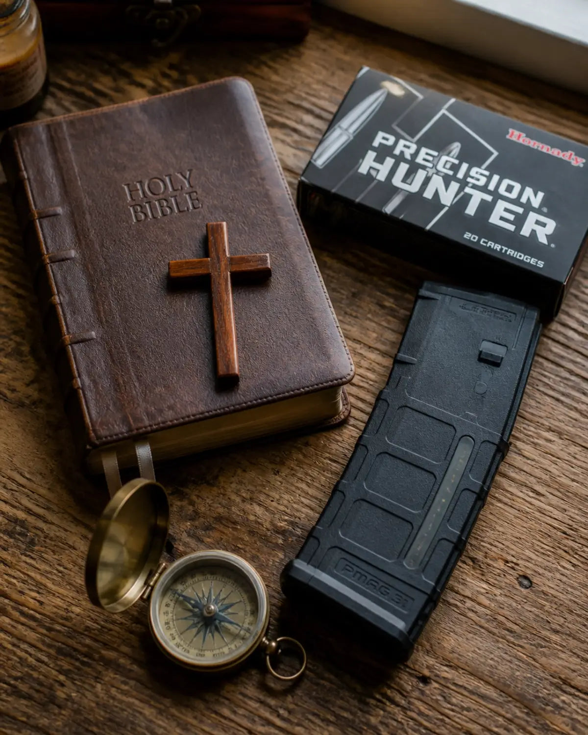 A leather-bound Bible, a Magpul PMAG, and Hornady ammunition on a rustic table, symbolizing spiritual and physical preparation.