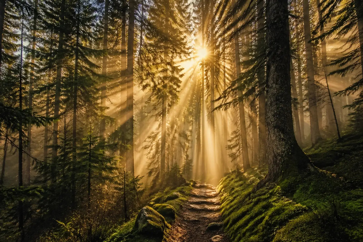 Sunlight streaming through misty pines at dawn, showing God's creation in the outdoors.