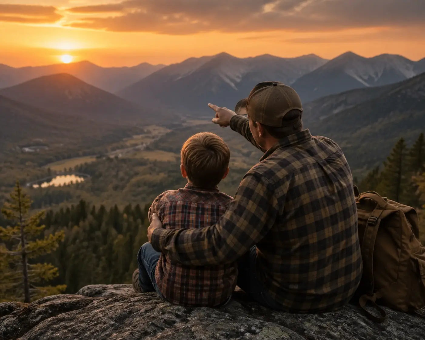 Father and son overlooking a mountain valley at sunset, sharing a moment of mentorship and faith.