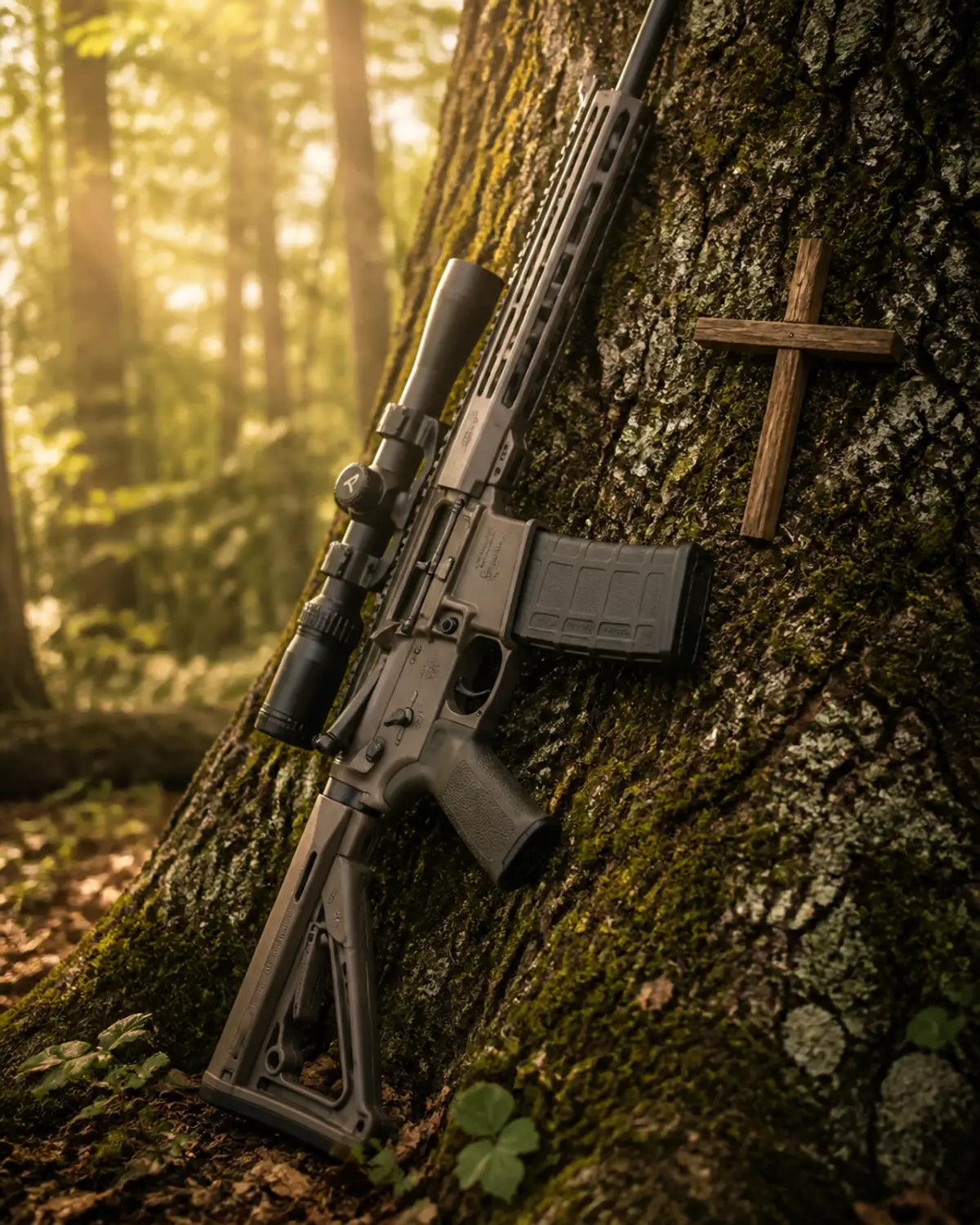 A Magpul-equipped rifle leaning against a tree, representing the reliability and preparation of a steward.