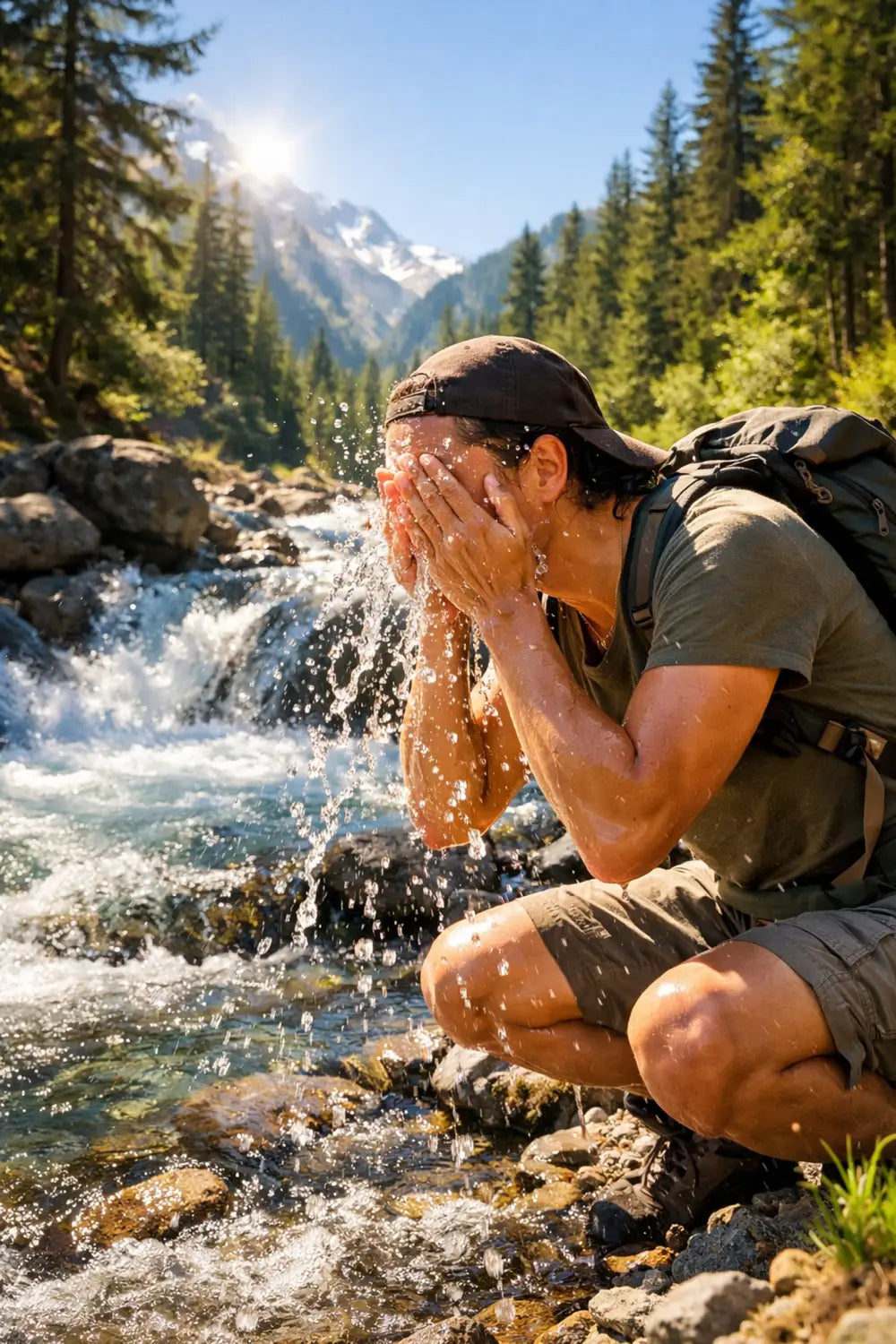A person finding spiritual renewal by a mountain stream while exploring the faith-filled outdoors.
