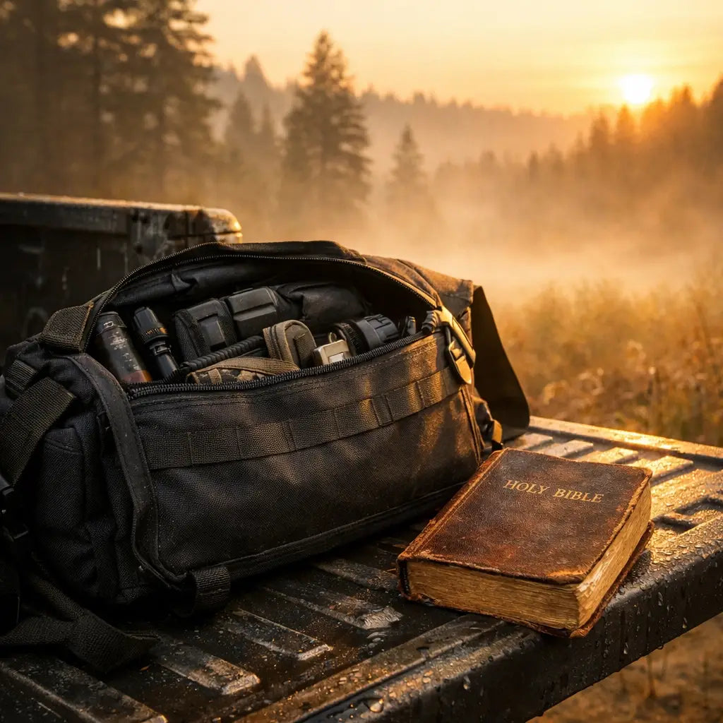 Tactical messenger bag for range with Bible on truck tailgate at dawn symbolizing faith and preparation