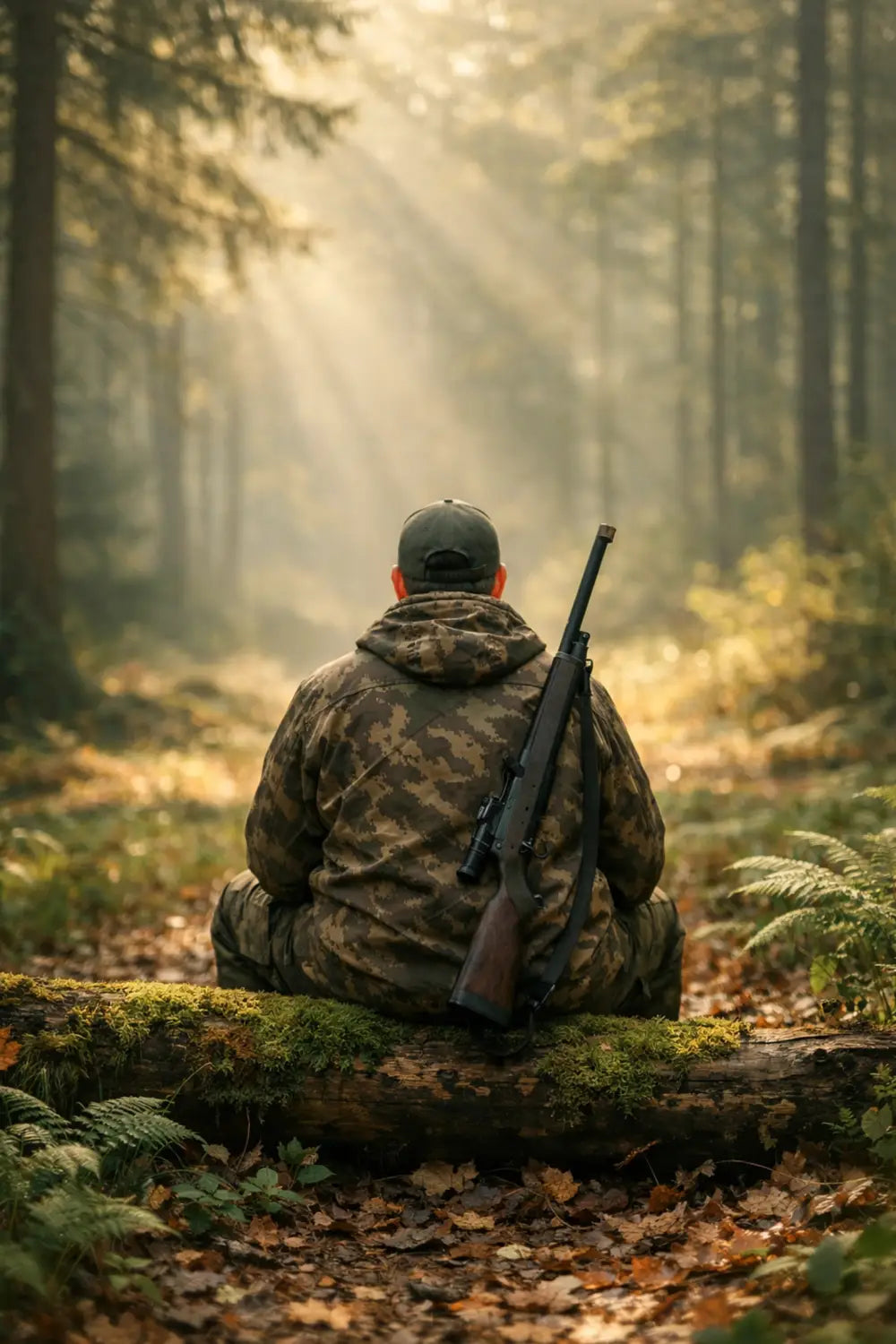 Hunter sitting in quiet forest clearing finding solitude and faith in nature