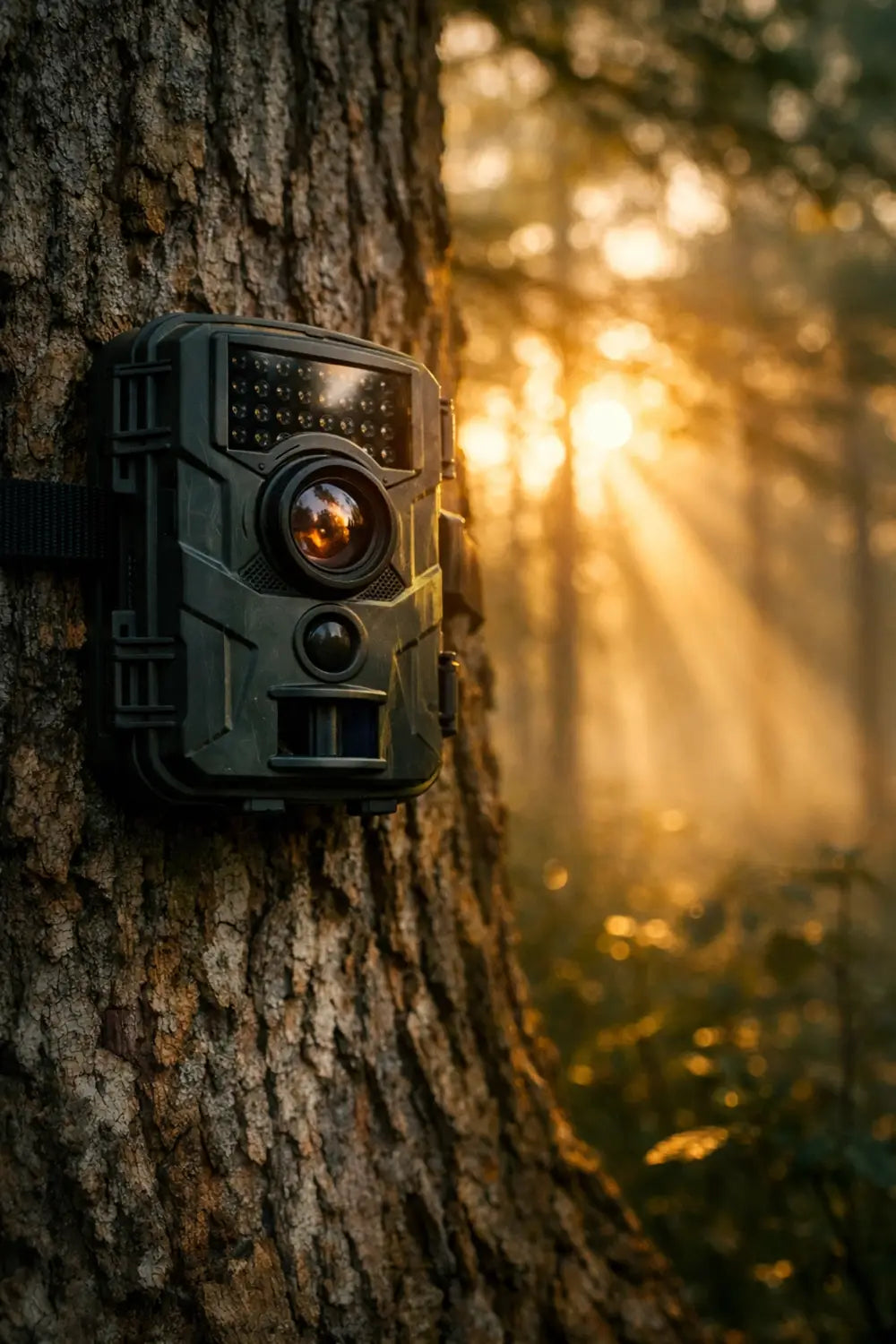 Trail camera mounted on tree in misty forest capturing wildlife for hunting
