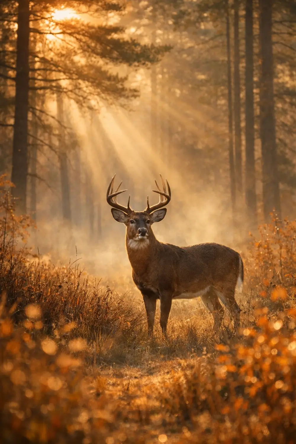 Whitetail buck in misty forest clearing at dawn symbolizing patience in hunting and God's timing