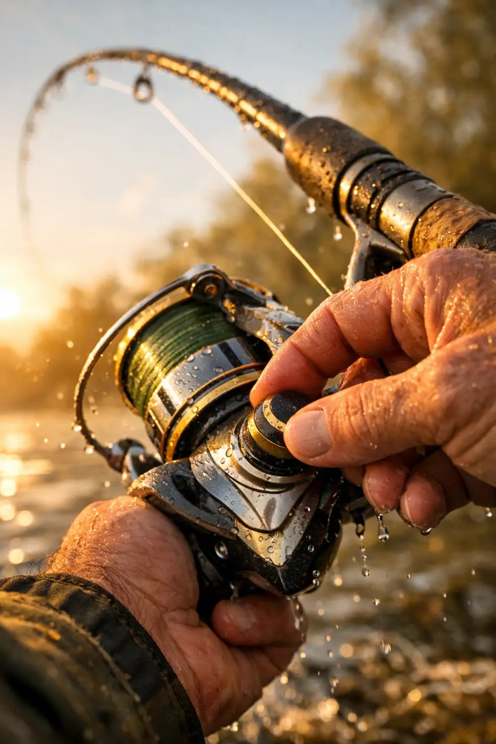 Angler adjusting fishing reel drag during catch with bent rod