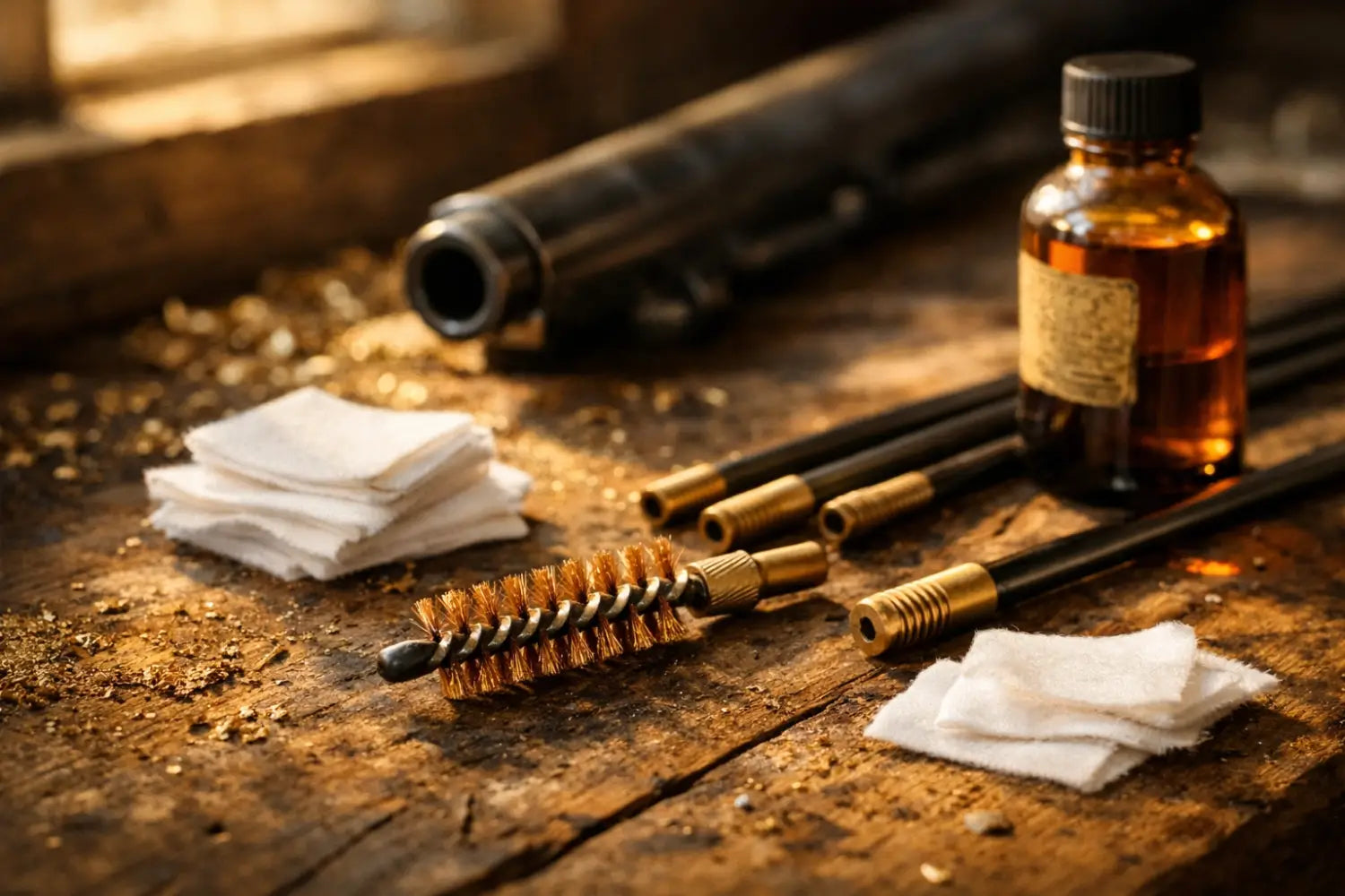Rifle cleaning kit with bore brush and gun parts on workbench for maintenance