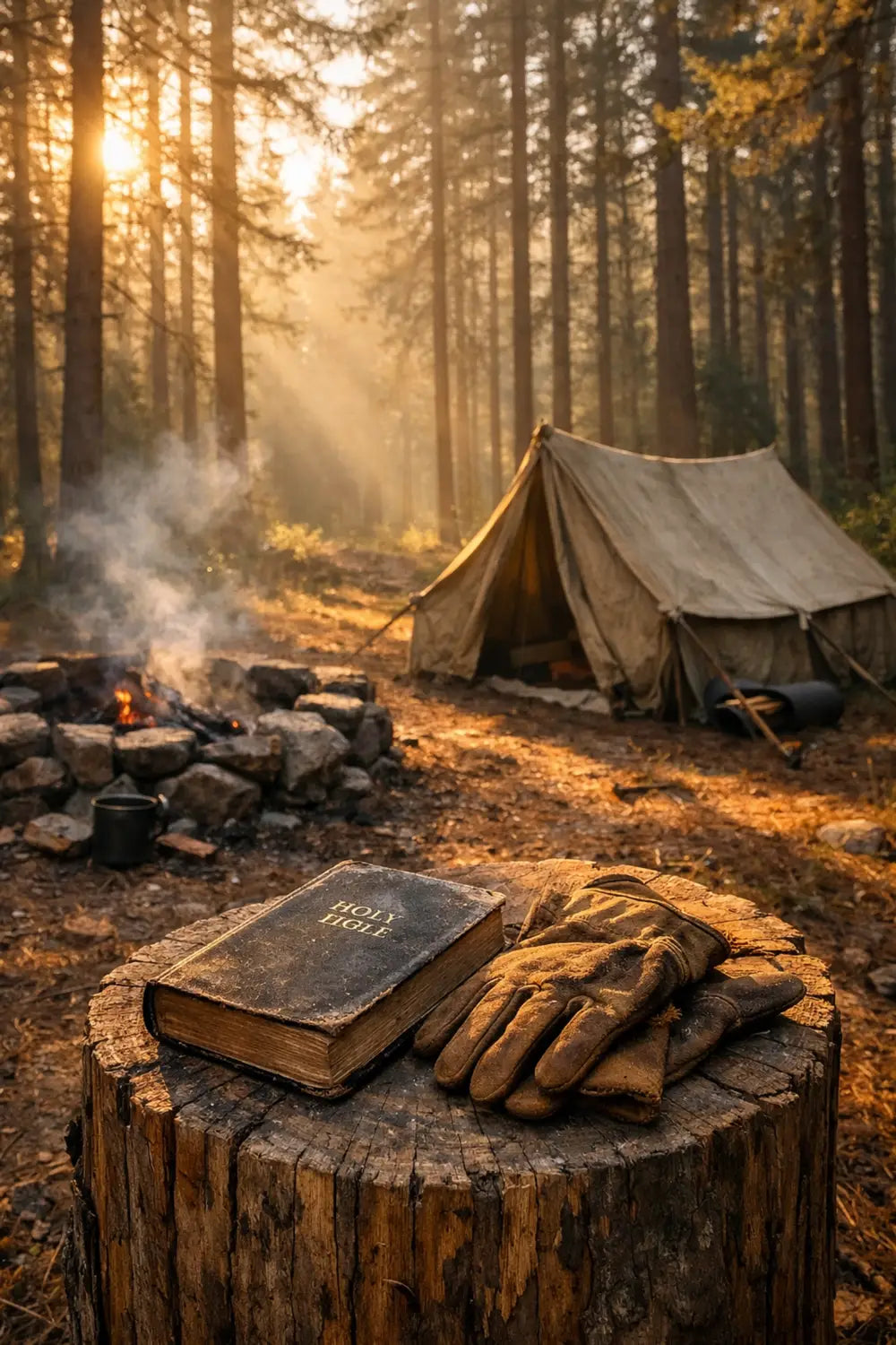 Bible and outdoor gear at a quiet morning campsite in a pine forest for a spiritual retreat.