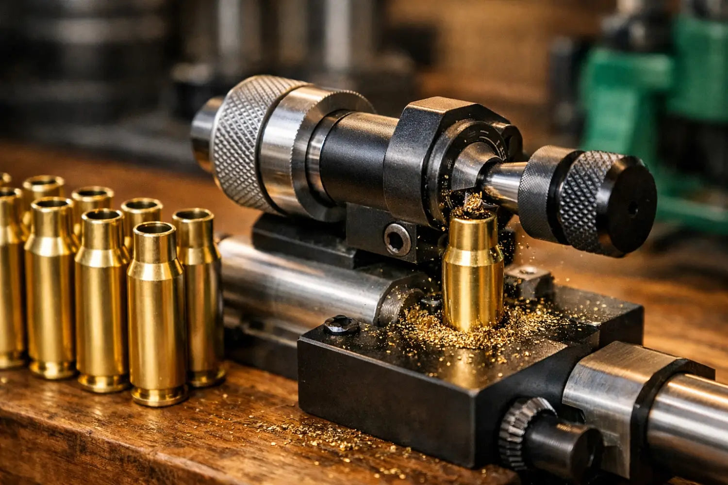 Rifle case trimmer with brass cartridge cases on reloading bench