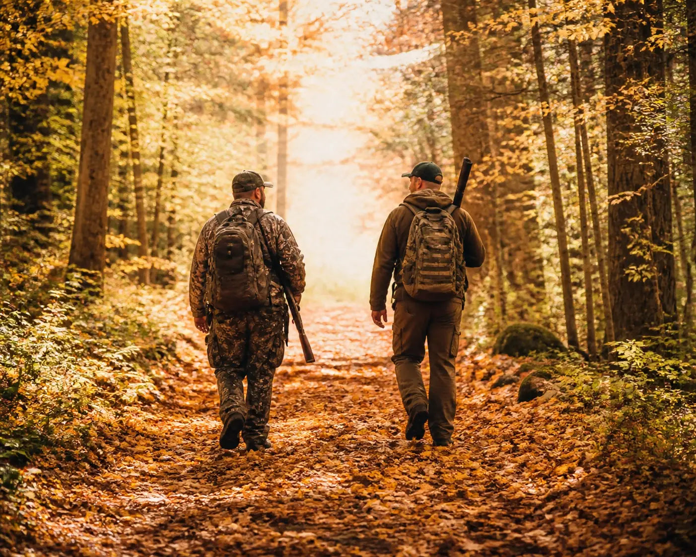 Two outdoorsmen walking through an autumn forest, representing the fellowship of faith and freedom.