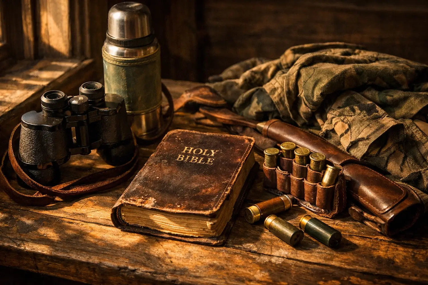 Hunting gear and Bible on wooden table showing spiritual and physical preparation for the hunt
