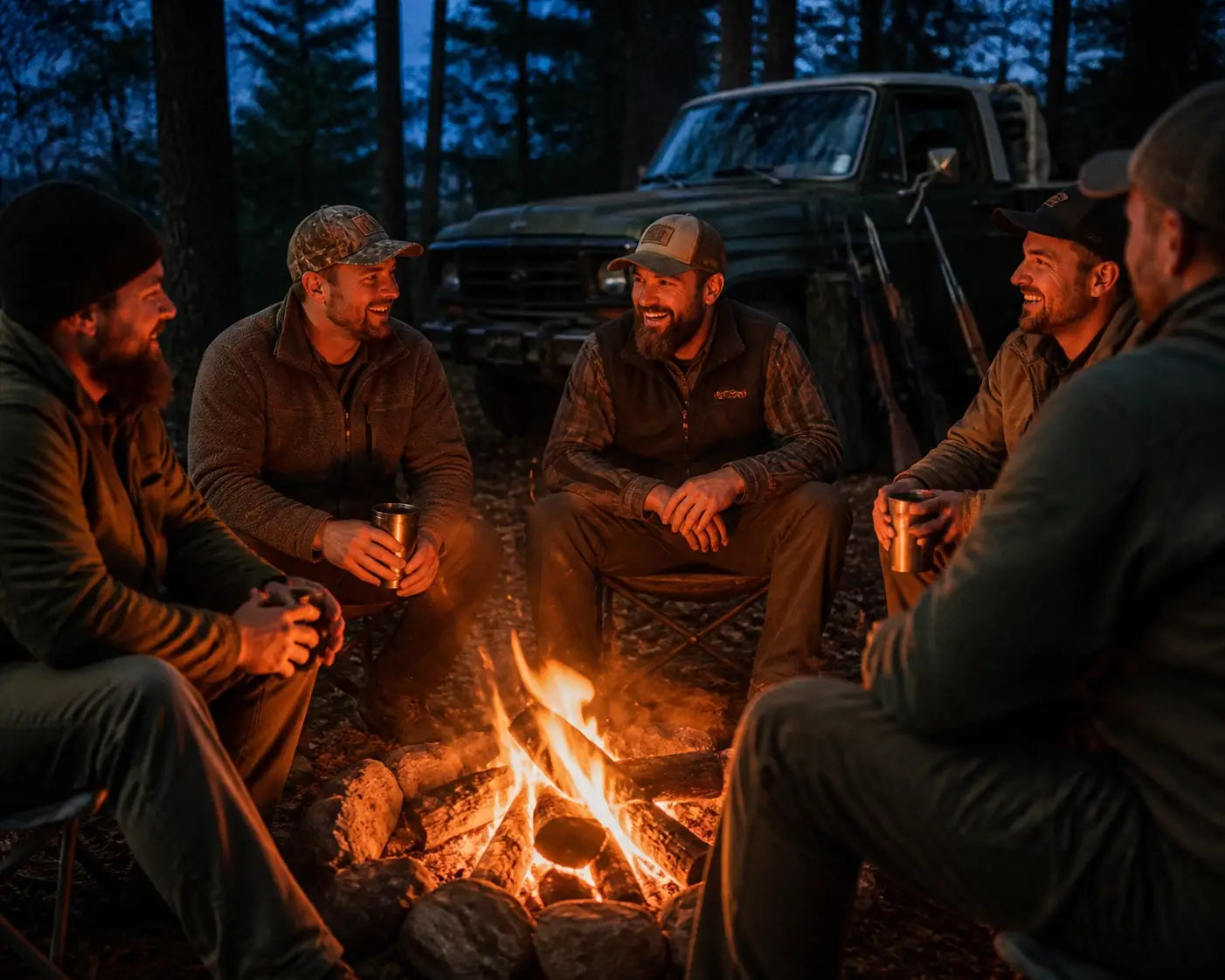 Christian friends gathering around a campfire at twilight for fellowship and outdoor adventure.