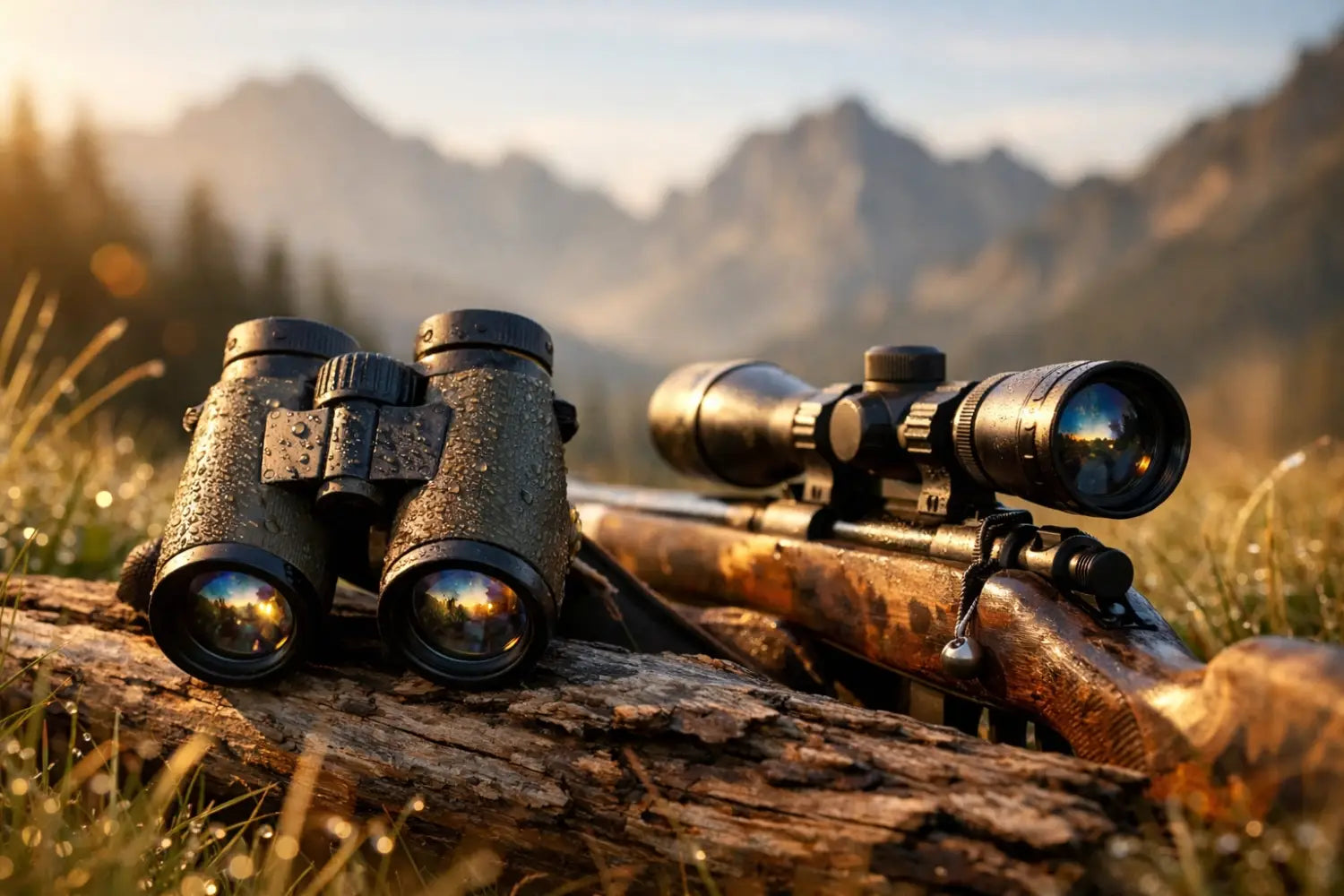 Hunting binoculars and a scoped rifle in an alpine meadow, viewing the intricate details of creation.