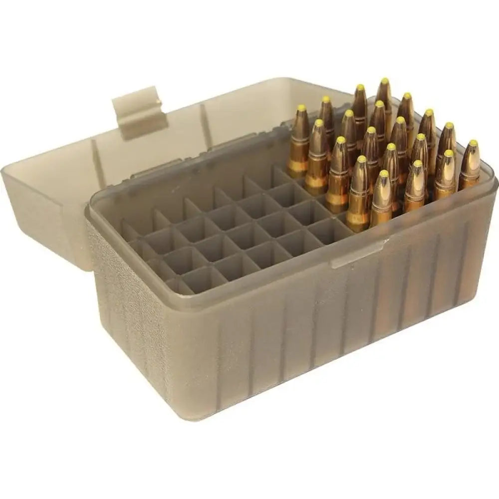Mtm Ammo Boxes Flip-top Box 223/204 Ruger/6x47 50 Rounds Clear Smoke Buy at Faith and Freedom Outdoors