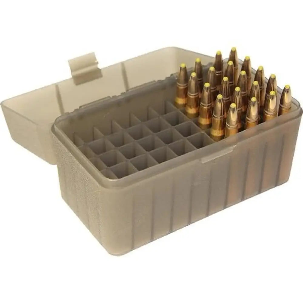 Mtm Ammo Boxes Flip-top Box 243/308 Win/220 Swift 50 Rounds Clear Smoke Buy at Faith and Freedom Outdoors