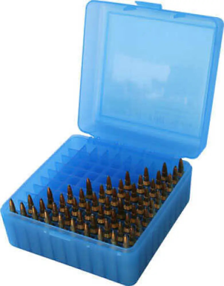 Mtm Ammunition Box 100 Round Flip-top 22-250 243 308 Win 220 Swift Clear Blue Rm-100-24