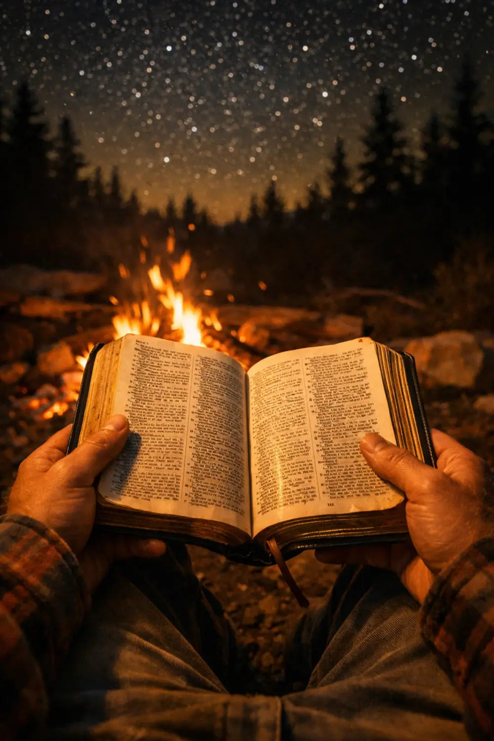 A person reading a Bible by a glowing campfire under a starry night sky during a faith-based camping trip.