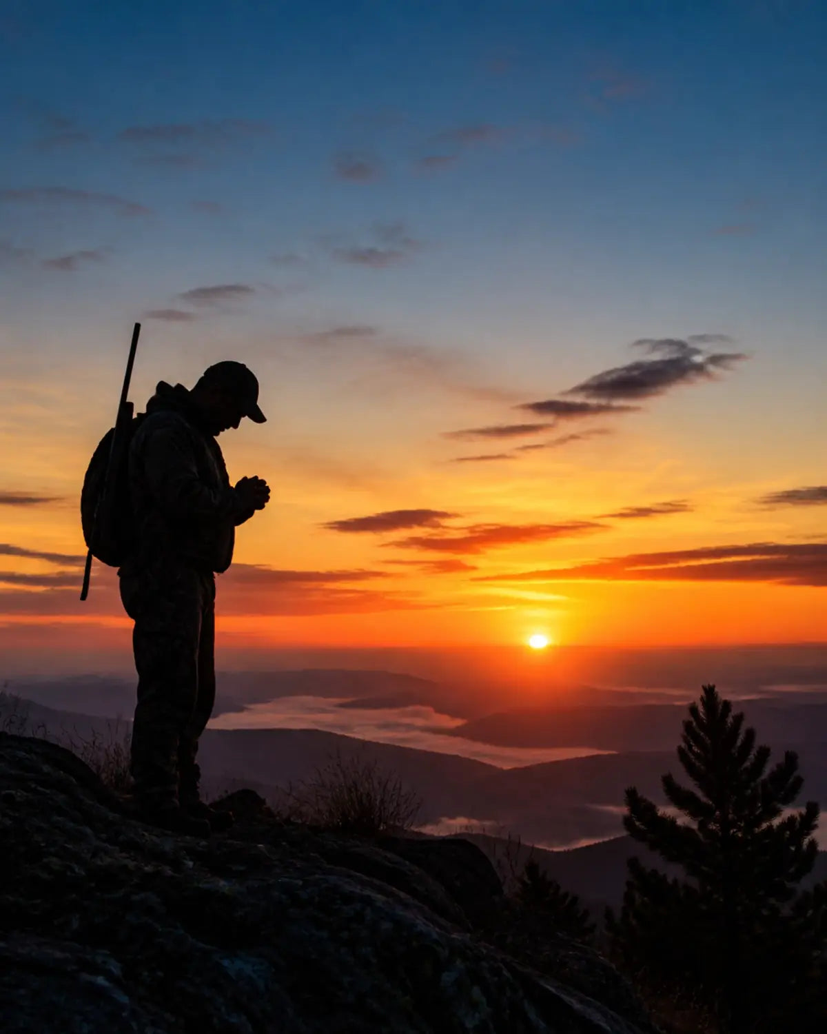 A hunter praying at dawn on a mountain ridge