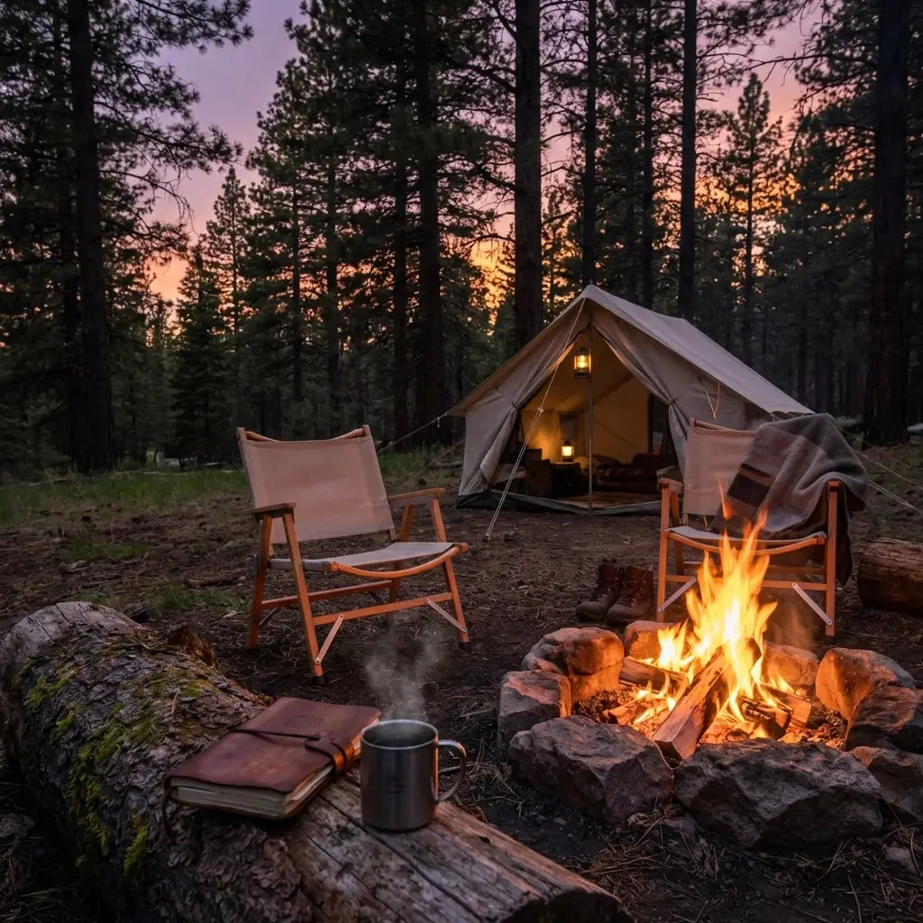A cosy campsite at twilight with a glowing campfire and journal, reflecting Christian fellowship in the great outdoors.