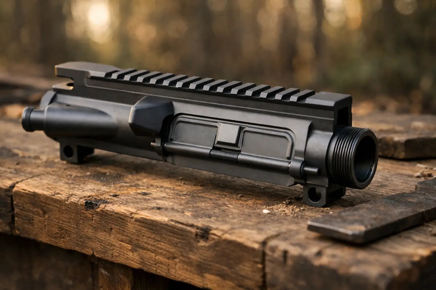 Precision AR-15 upper receiver on a rustic workbench, durable gear for protection in the outdoors.