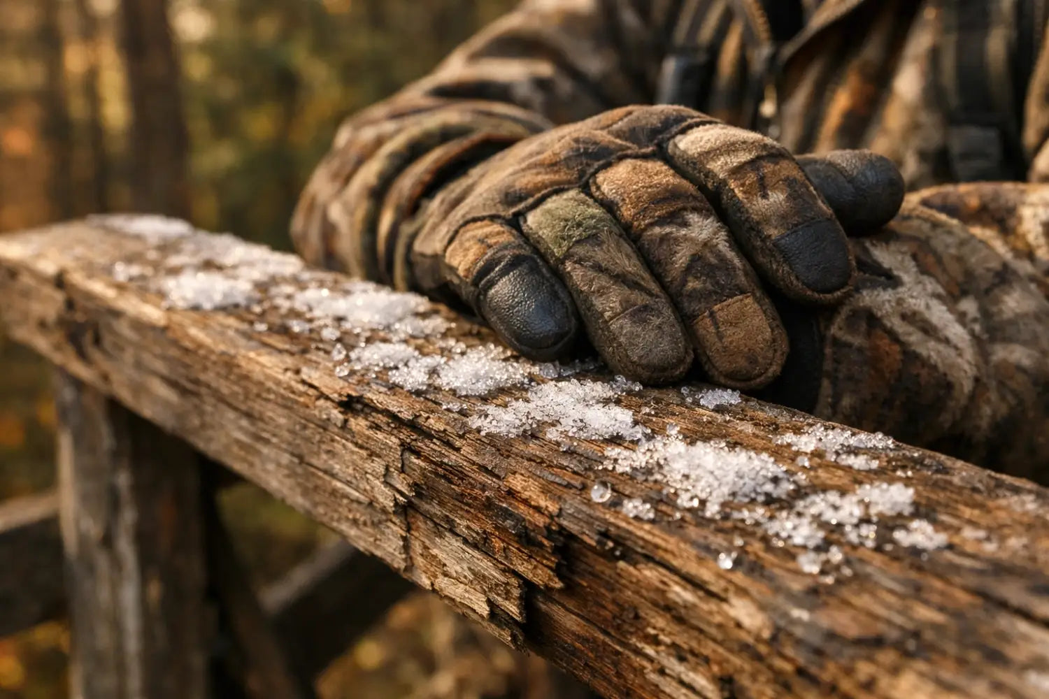Close-up of a hunter's hands on a frost-covered treestand, practicing patience and faith in the wilderness.