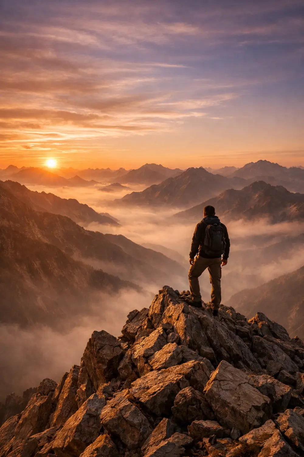 A man standing on a mountain peak at sunrise, connecting with faith in the great outdoors.